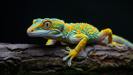 Fototapeta premium Colorful gecko lizard, gecko lizard on a thick tree branch, 100% black studio background