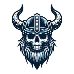 Viking head skull in helmet with horn design illustration, Nordic Scandinavian warrior, suitable for t-shirt, tattoo, logo design. Vector template isolated on white background