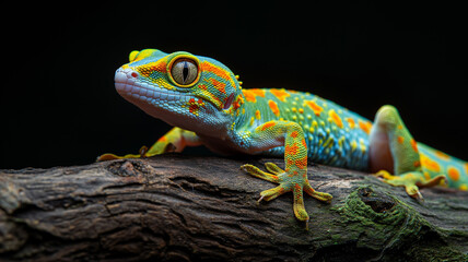 Obraz premium Colorful gecko lizard, gecko lizard on a thick tree branch, 100% black studio background