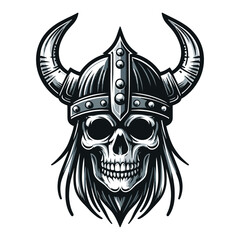 Viking head skull with horned helmet vector illustration, Nordic Scandinavian warrior, suitable for t-shirt, tattoo, logo design. Design template isolated on white background