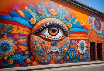 a colorful mural of an eye on a building