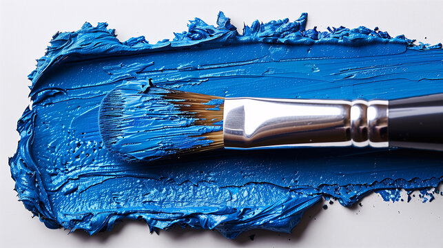 Paintbrush with blue paint stroke on white background.