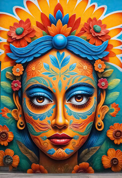 a colorful mural of a woman with flowers on her face