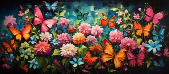 Vibrant painting of a beautiful field of assorted flowers with colorful butterflies hovering around