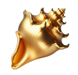 Shiny snail seashell made of gold, photorealistic, isolated on white background, for use as decoration element