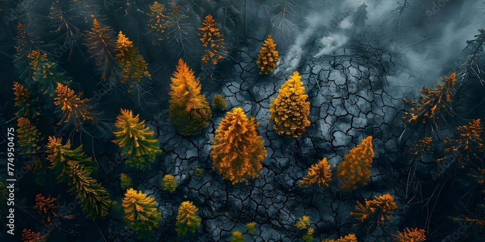 Poster impact of deforestation and logging on the environment: aerial view. concept deforestation, logging,