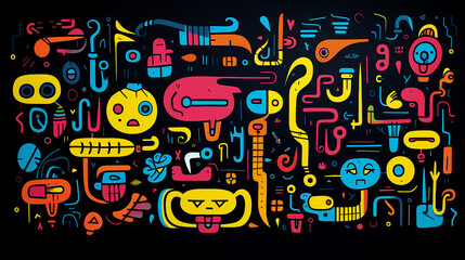 Seamless pattern of minimalist awkward handdraw art, amateur weird drawing, doodles lines of cartoons, bold neon colors on black background. AI Generative