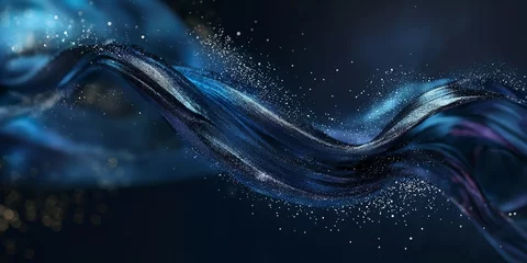 Fotobehang a 3D render of an abstract, sculptural mascara, resembling a graceful, dancing figure, with swirls of deep, midnight blue pigment and sparkling glitter © Pter