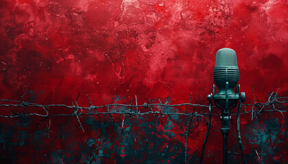 Vintage microphone against a red textured background with barbed wire, symbolizing restricted freedom of speech, concept for the World Press Freedom Day