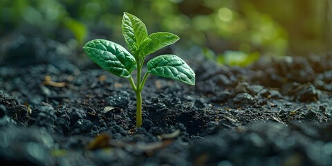 A symbol of hope and resilience: a green plant sprouting in cracked earth amid environmental challenges. Concept Hope, Resilience, Green Plant, Cracked Earth, Environmental Challenges
