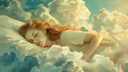 Young woman peacefully sleeping on a cloud-like pillow, symbolizing airy dreams.