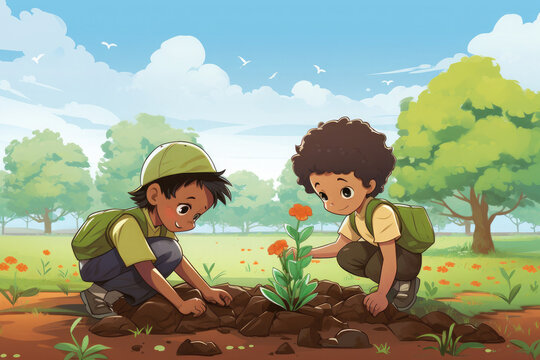 Children plant flowers, trees against the backdrop of green nature and forest. Environmental protection. Arbor day. Earth Day. Illustration.