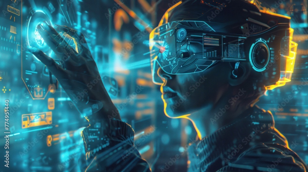 Wall mural futuristic illustration of advanced technology use, including vr glasses