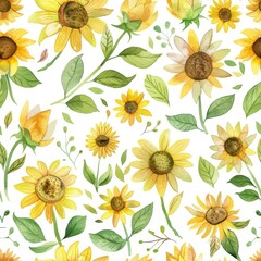Stylized sunflowers in yellow and green hues on a light background, arranged in a seamless pattern.