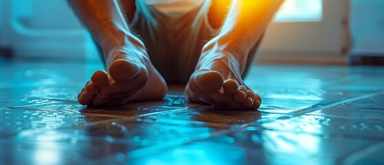 Man experiencing foot cramps due to Plantar Fasciitis finding relief with pressure applied to soles of feet. Concept Plantar Fasciitis Relief, Foot Cramps, Pressure Points, Sole Massage - obrazy, fototapety, plakaty