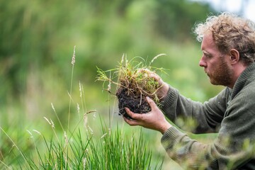 agricultural farmer Holding soil in a hand, feeling compost in a field in Tasmania Australia. soil...