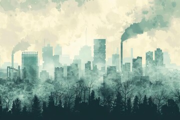 Smoggy cityscape with buildings shrouded in toxic air pollution, environmental crisis concept illustration - obrazy, fototapety, plakaty