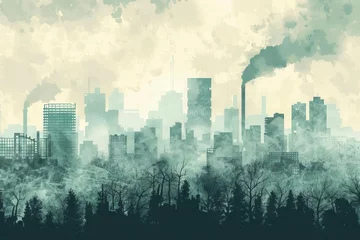 Fotobehang Smoggy cityscape with buildings shrouded in toxic air pollution, environmental crisis concept illustration © furyon