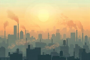 Smoggy cityscape with buildings shrouded in toxic air pollution, environmental crisis concept illustration - obrazy, fototapety, plakaty