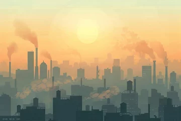 Fotobehang Smoggy cityscape with buildings shrouded in toxic air pollution, environmental crisis concept illustration © furyon
