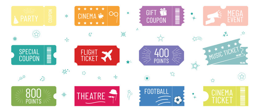 Cinema, Movie, Concert, Theatre, Flight, Football, Ticket Icon Set - Different Vector Illustrations Isolated On White Background