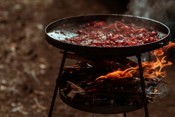Vegetables cooked on a grill pan over an open fire in the woods. Cooking outdoors, A meal for a...