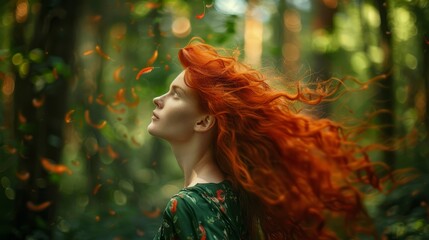 Captivating and serene, a lady with a cascade of red curls stands amidst a forest glow, perfect for themed photoshoots and romantic visuals.