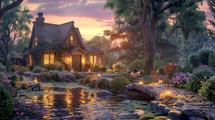 An enchanting cottage surrounded by a lush flower garden at sunset, perfect for fairy tale illustrations, fantasy settings, or home and garden inspiration. - obrazy, fototapety, plakaty