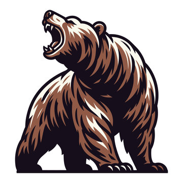 Roaring grizzly bear full body vector illustration, wild beast brown bear, animal predator zoology element illustration, design template isolated on white background