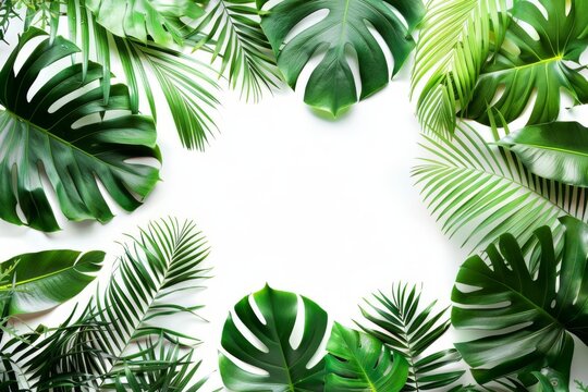Tropical frame with exotic jungle plants, palm leaves, and monstera on white background - Floral border