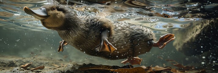 Enchanting platypus swimming in rippling stream, showcasing unique beauty with strobe light effect - obrazy, fototapety, plakaty