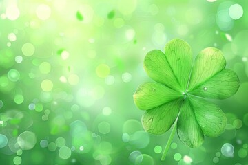 Vibrant green four-leaf clover on bright background, lucky symbol for St. Patrick's Day, spring holiday concept, digital illustration - obrazy, fototapety, plakaty
