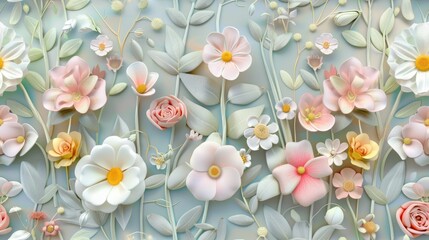 Fototapeta na wymiar 3D embroidered cute pastel wallpaper background garden of flowers, spring theme