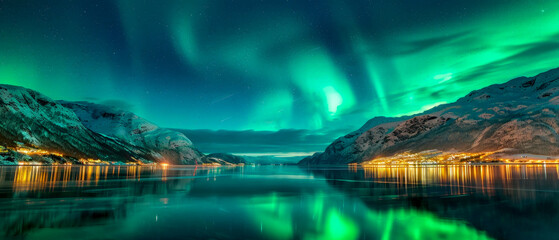 A beautiful night sky with a green aurora and a calm lake - obrazy, fototapety, plakaty