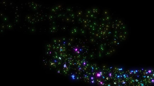 Glitter Magical Herat Trail Animation On Transparent Black Background. Glitter Confetti Heart Shape Trail Animation Over Black Bg. Shiny Glitter Trail Effects For Birthday Anniversary Confetti Heart