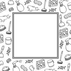 square frame of home cleaning equipment in hand drawn style