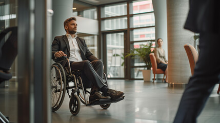 Man in a suit sitting in a wheelchair in a corporate environment, inclusion.

 - obrazy, fototapety, plakaty