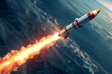 Obraz premium Red and white rocket successfully launching