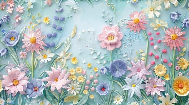 Fototapeta 3D embroidered cute pastel wallpaper background garden of flowers, spring theme