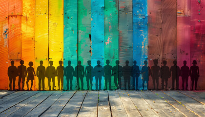 Silhouettes of people standing against a vibrant, multicolored wooden background with shadows on the floor, concept for the Zero Discrimination Day - obrazy, fototapety, plakaty