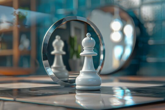 Pawn chess piece looking in mirror and seeing a king reflection, ambition and potential concept, 3D illustration