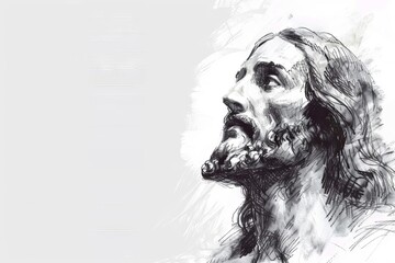 Pencil sketch of Jesus Christ portrait on white background with copy space, religious illustration