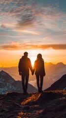 couple holding hands on top of a mountain at sunset