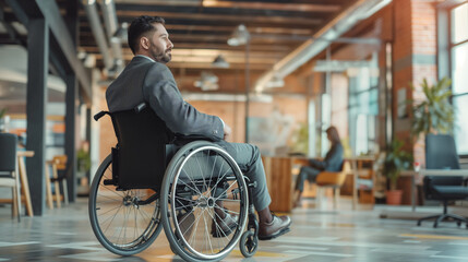 Fototapeta na wymiar Man in a suit sitting in a wheelchair in a corporate environment, inclusion.