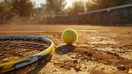 Tennis racket and ball on the court. Close-up. AI. - obrazy, fototapety, plakaty