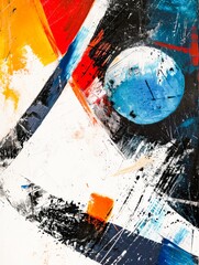 Painting depicting blue, orange and white abstract design