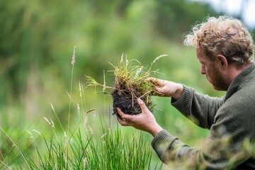 agricultural farmer Holding soil in a hand, feeling compost in a field in Tasmania Australia. soil...