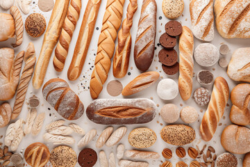 Fototapeta na wymiar Top View Of Diverse Bread Types, Bakery Food Backdrop - Generative AI