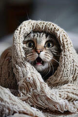 A horrified cat wrapped itself in a blanket