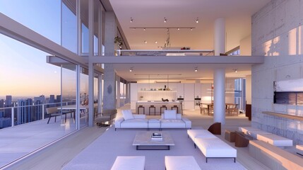 A 3D floor plan of a sleek, modern apartment situated on the top floor of a high-rise building. 